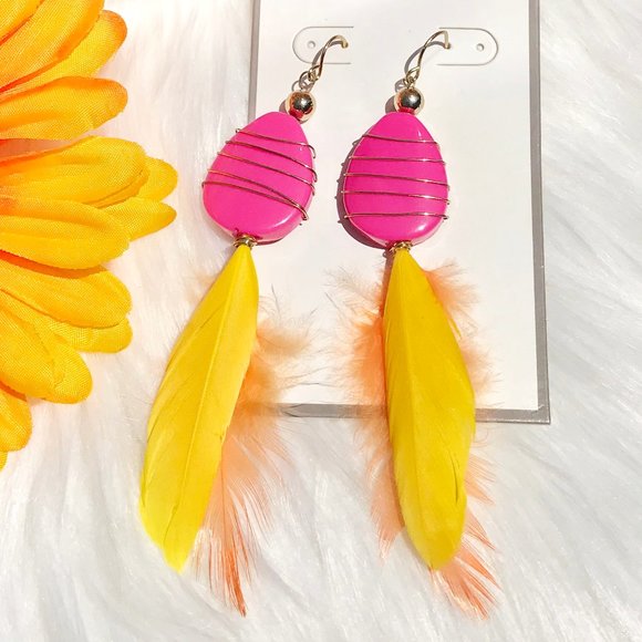 Boho Earrings Feather Tassel Dangles Pink Yellow - Picture 4 of 4